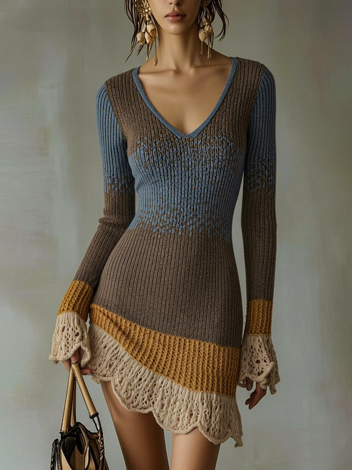 Knitted mini dress with crochet ruffle hem in Blue-Taupe