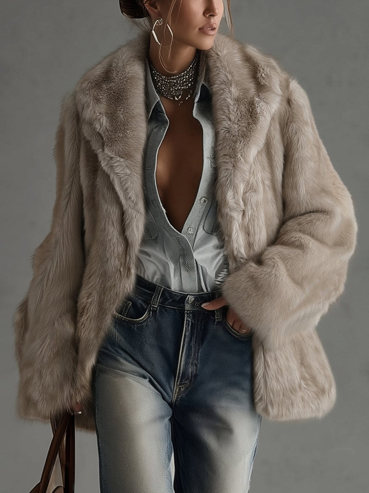 Oversized faux fur coat in taupe in Taupe