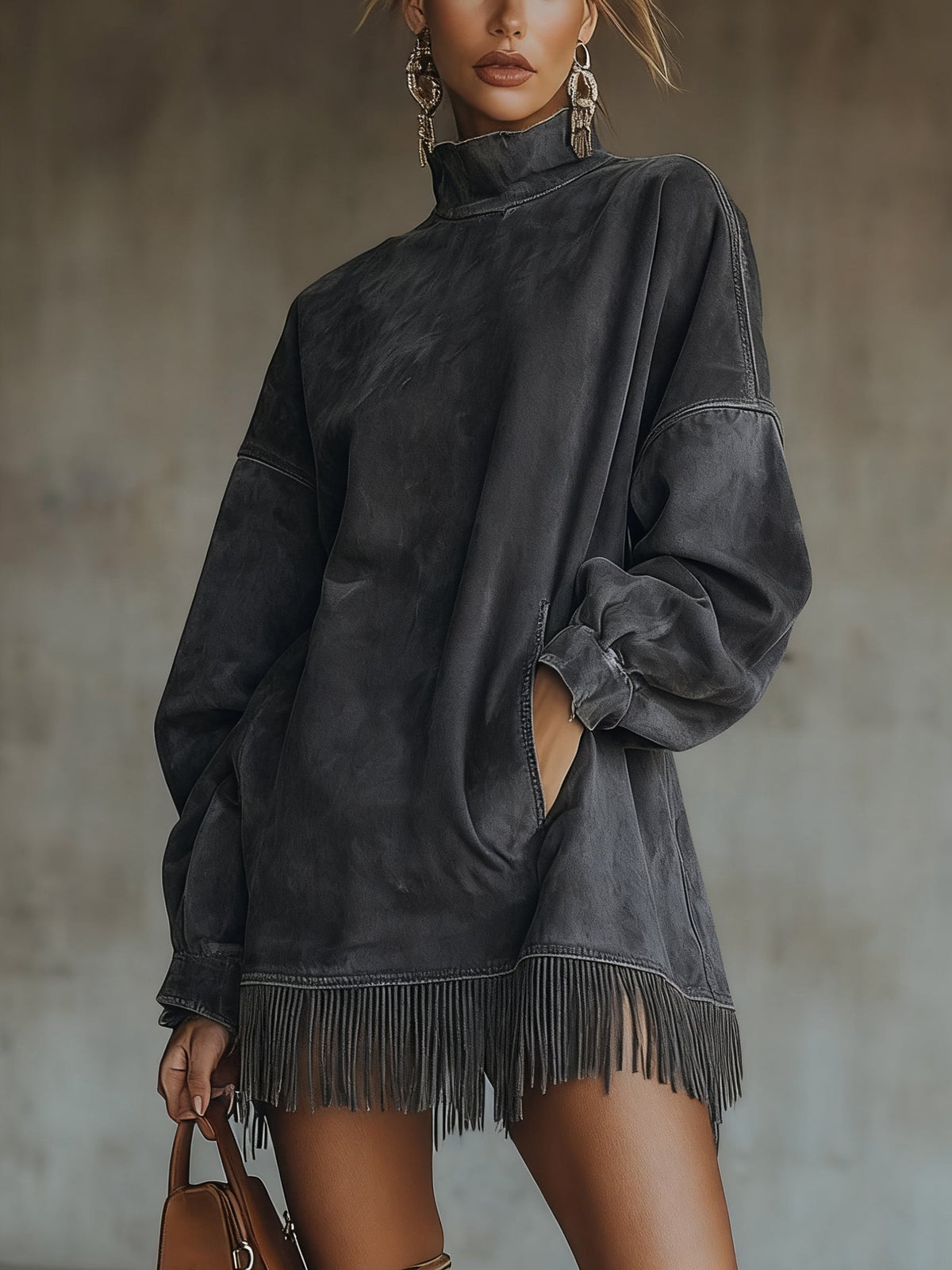Oversized faux suede dress with fringed hem in Charcoal