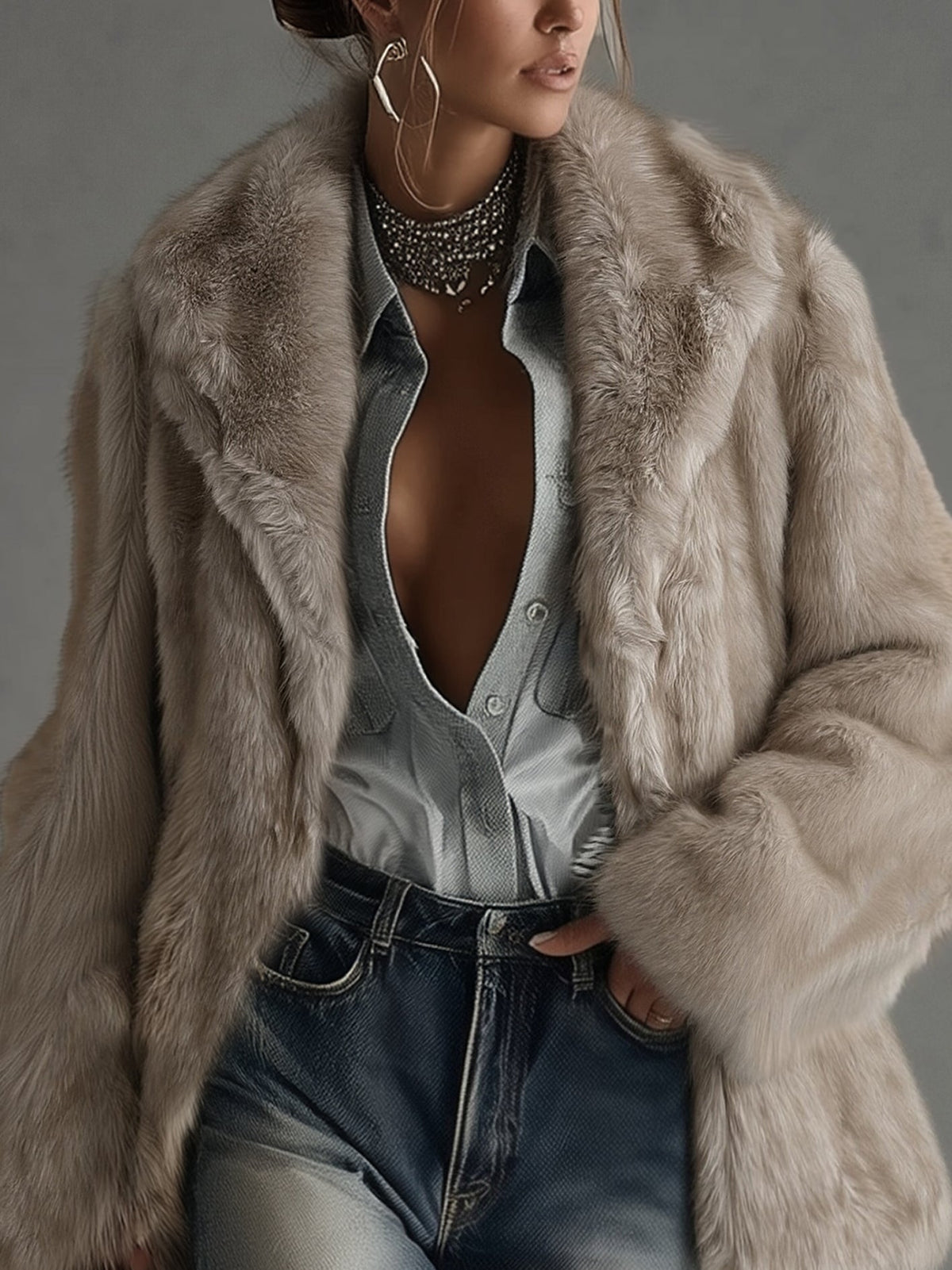 Oversized faux fur coat in taupe in Taupe