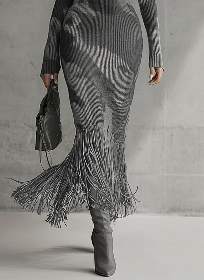 Ribbed camo knit dress with fringe hem - detail