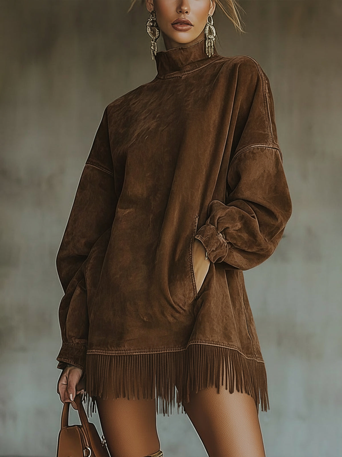 Oversized faux suede dress with fringed hem in Brown