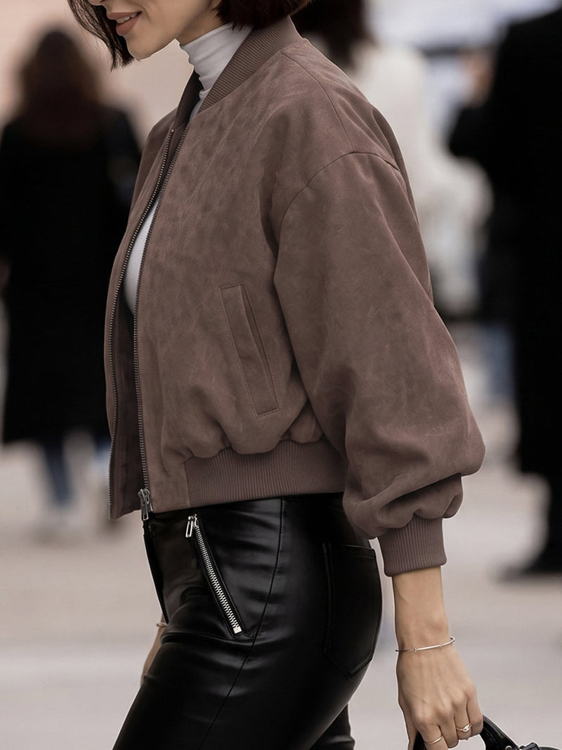 Cropped bomber jacket in soft coffee suede-look cloth