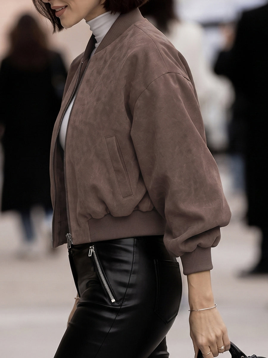 Cropped bomber jacket in soft coffee suede-look cloth