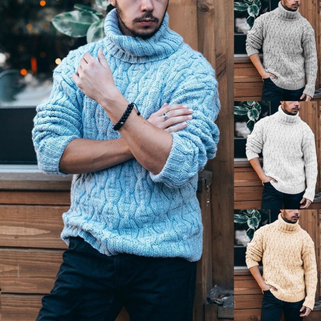 Cable knit roll neck jumper worn with dark jeans