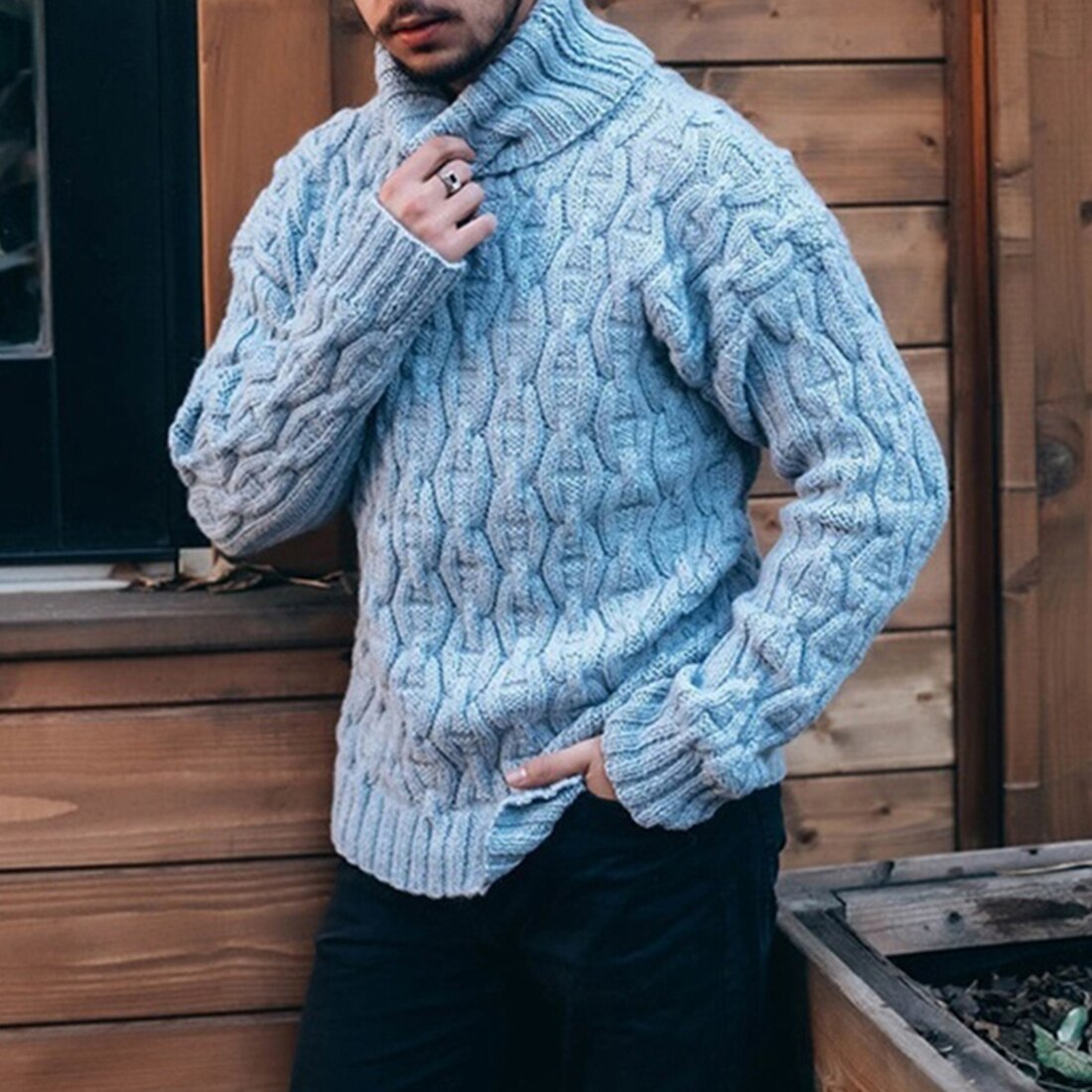 Men's chunky cable knit jumper, sleeve and cuff detail