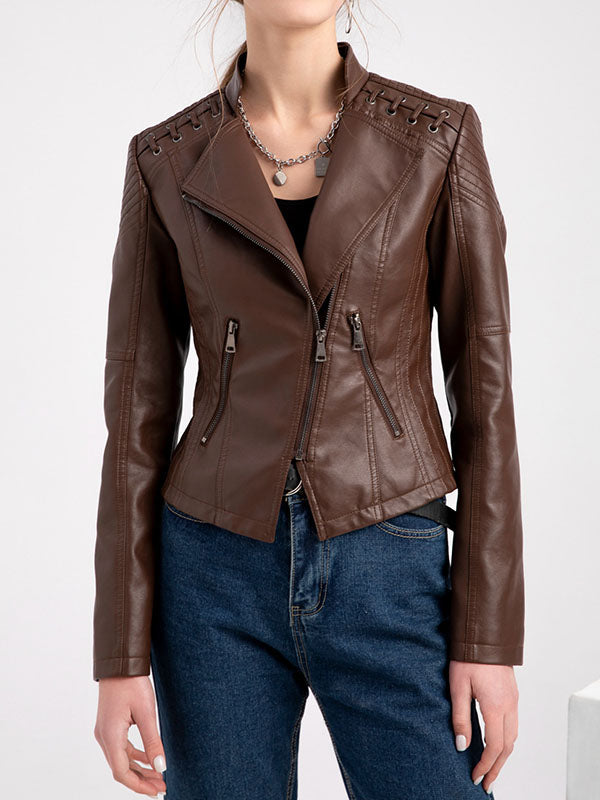 Faux leather biker jacket with lacing across the shoulders