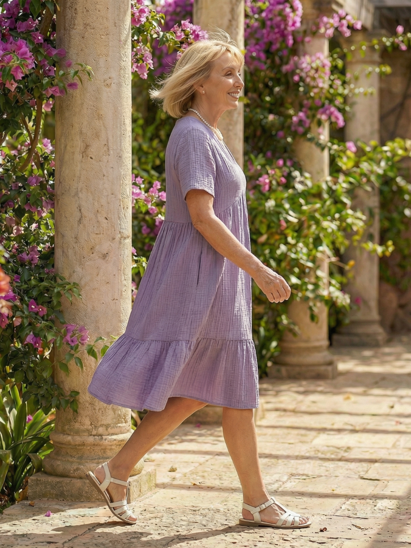 Women's Woven Knee-Length Dress with Gathered Skirt – Saint Dor UK – overhead view