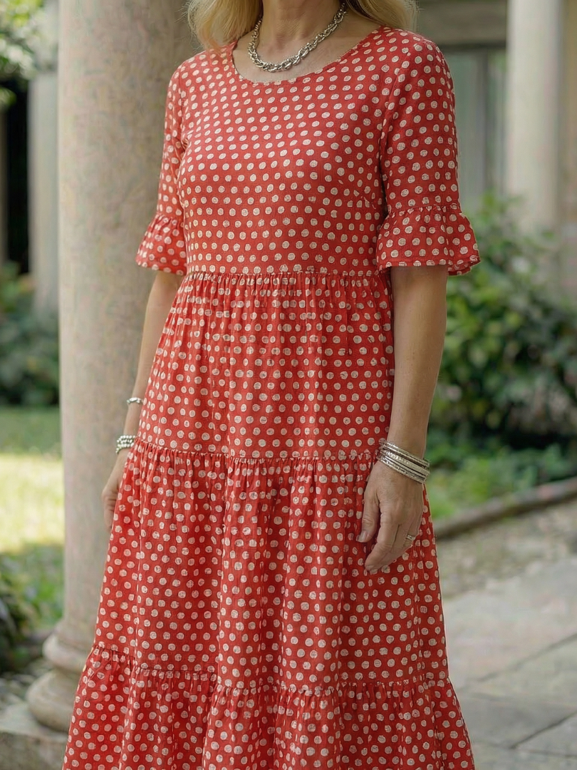Women's Polka Dot Tiered Midi Dress Short Sleeve – Saint Dor UK – overhead view