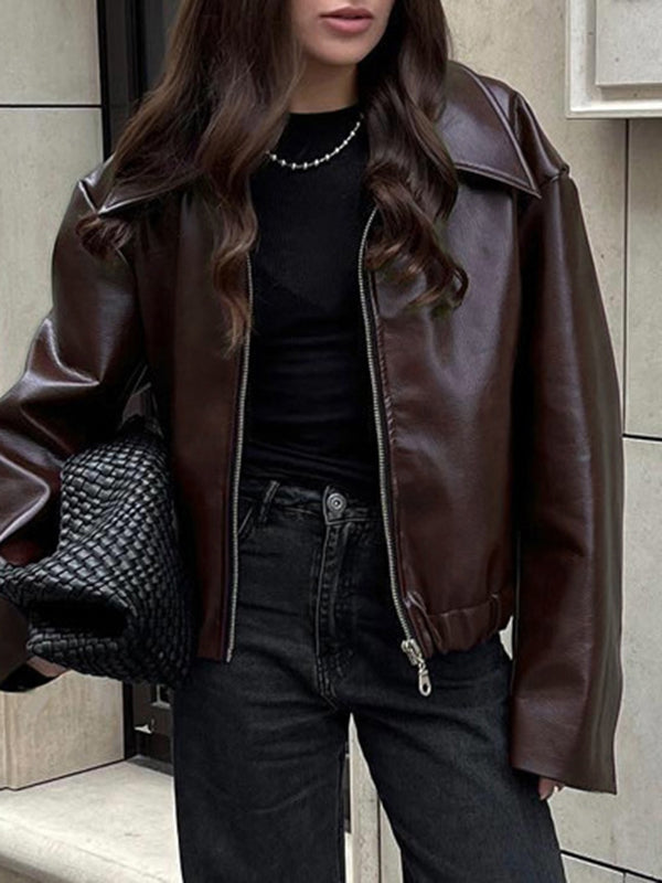 Chocolate brown faux leather jacket with a wide lapel collar and zip