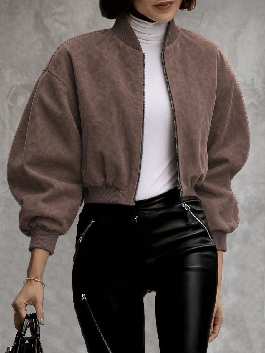 Cropped bomber jacket in soft coffee suede-look cloth in coffee