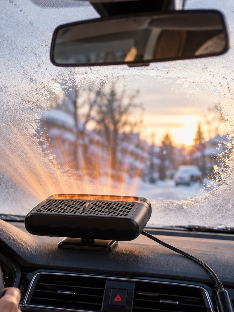 Wide 12V car heater on the dashboard blowing warm air at the windscreen - view 3