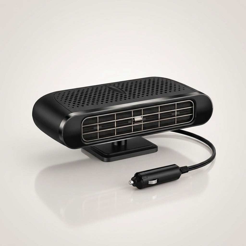 Wide 12V car heater on the dashboard blowing warm air at the windscreen - black and silver