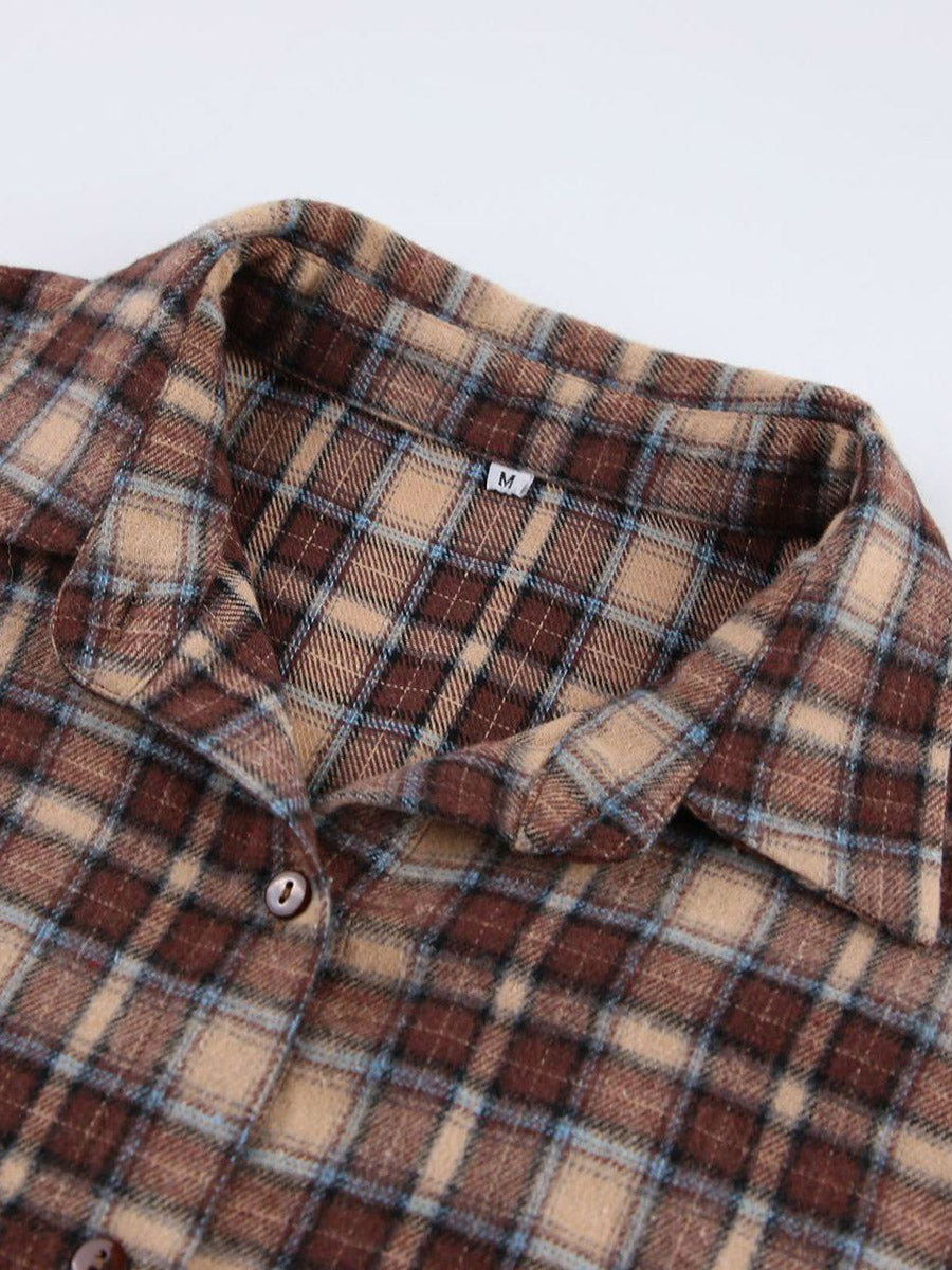 Oversized brown check shacket with a contrast collar and chest pockets