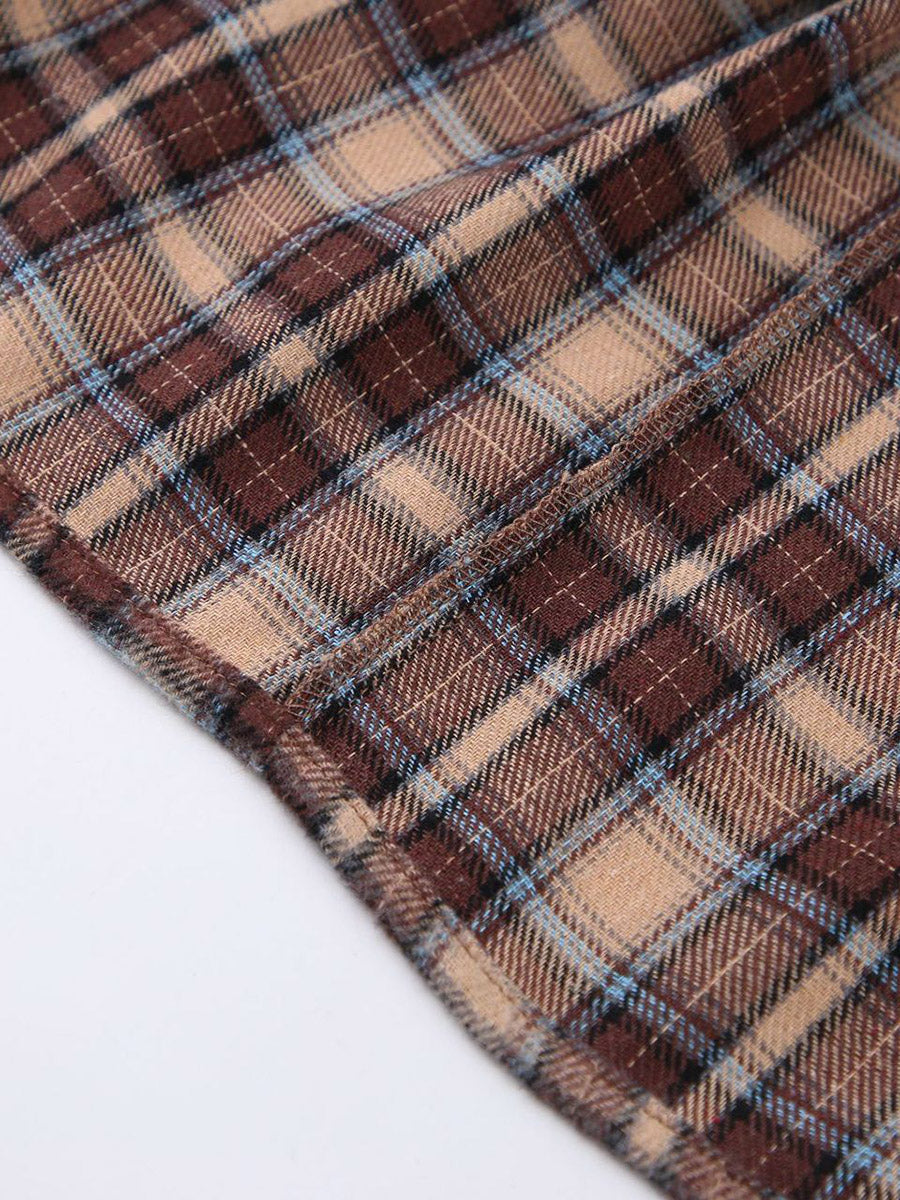 Oversized brown check shacket with a contrast collar and chest pockets