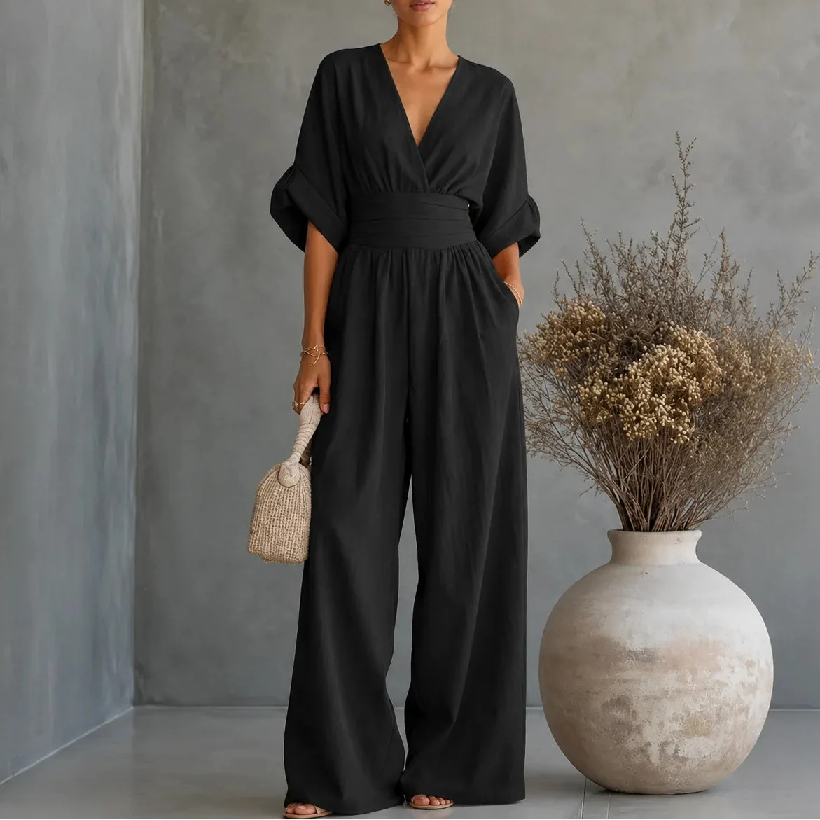 Women's wide leg V-neck jumpsuit in Black