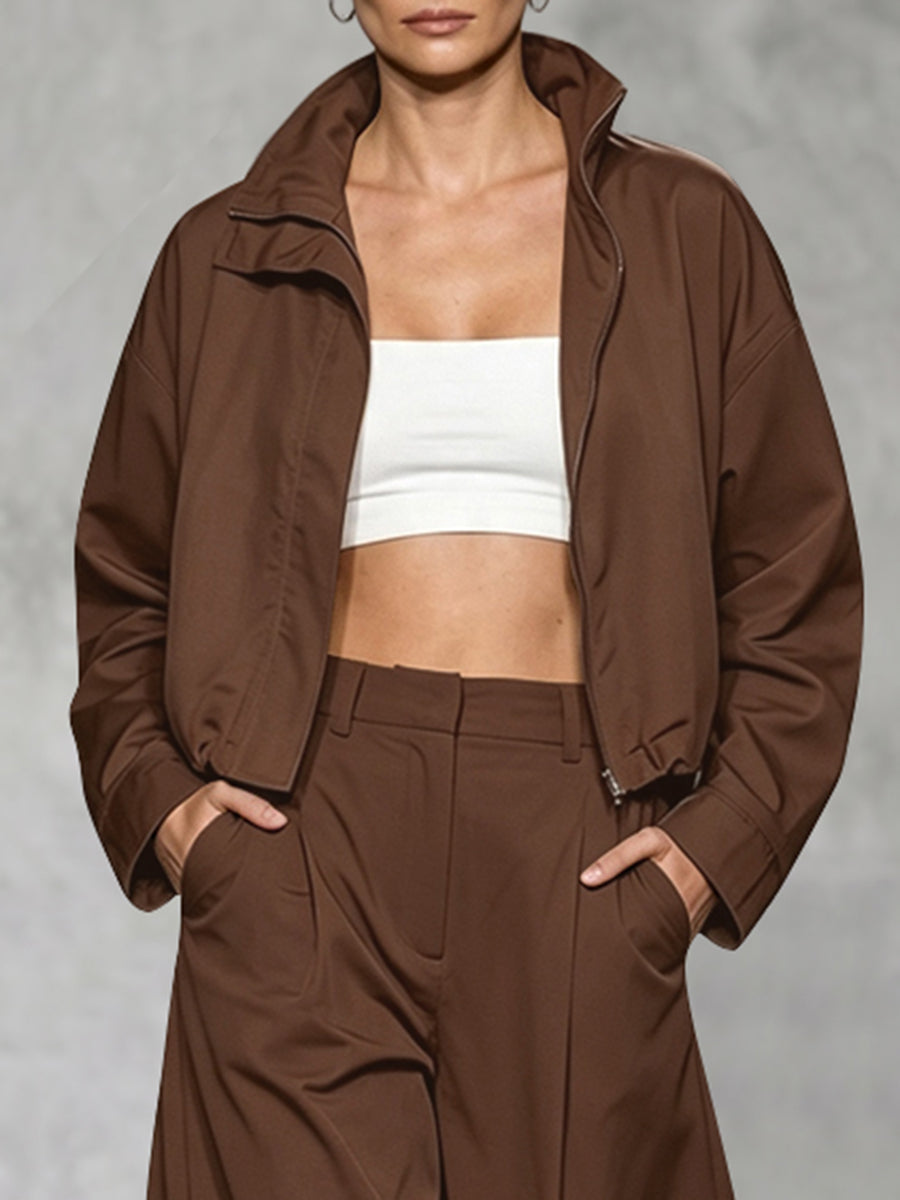 Cropped jacket with a stand collar, zip front and wide sleeves in coffee