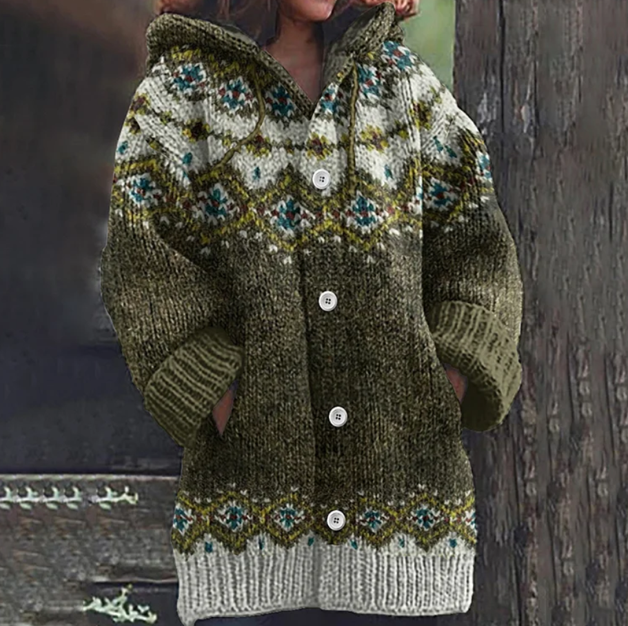 Women's chunky knit hooded cardigan in Olive Green