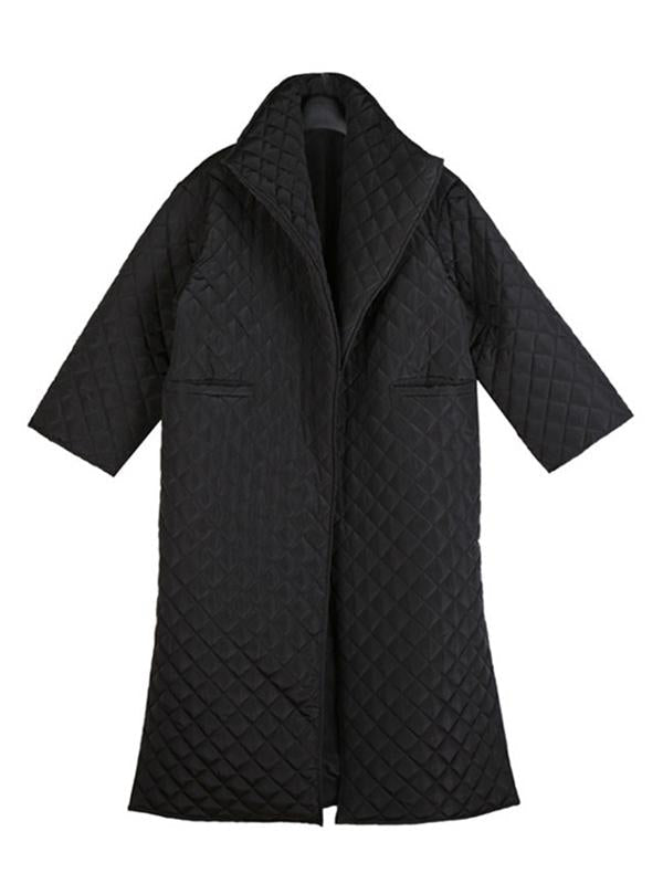 Long black quilted wrap coat with a fold-over collar and ring-buckle belt