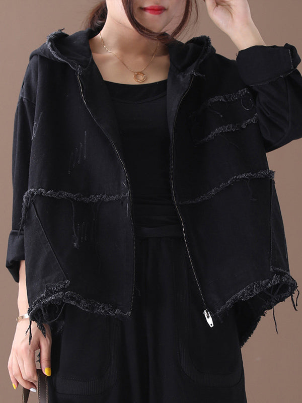 Oversized hooded jacket in washed cotton with frayed seams in black