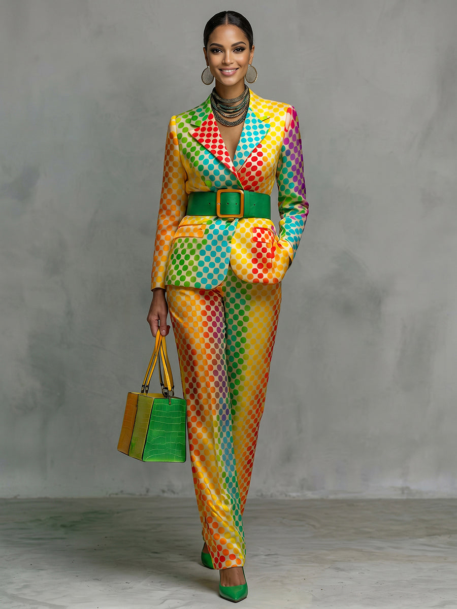 Blazer covered in rainbow polka dots with a notch lapel