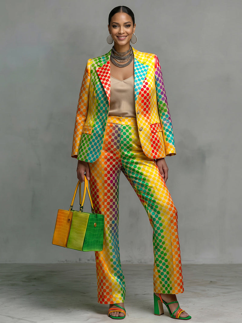 Blazer covered in rainbow polka dots with a notch lapel