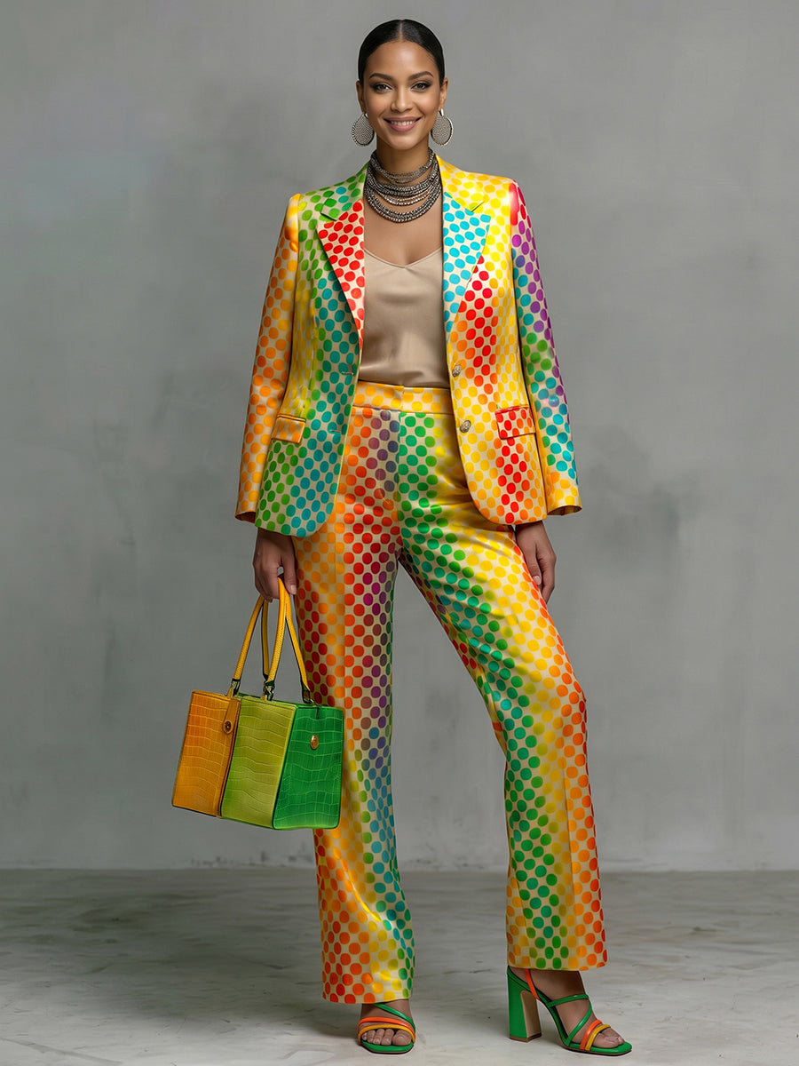 Blazer covered in rainbow polka dots with a notch lapel