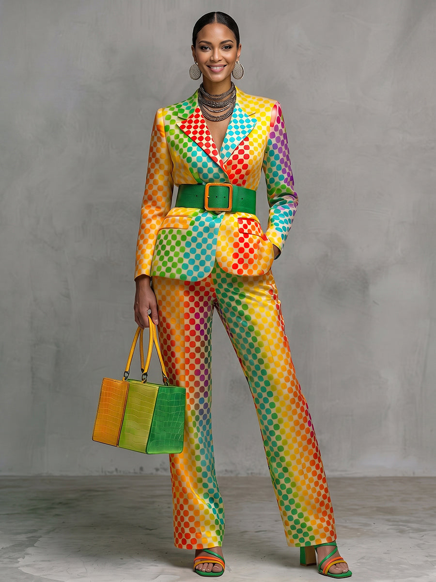 Blazer covered in rainbow polka dots with a notch lapel