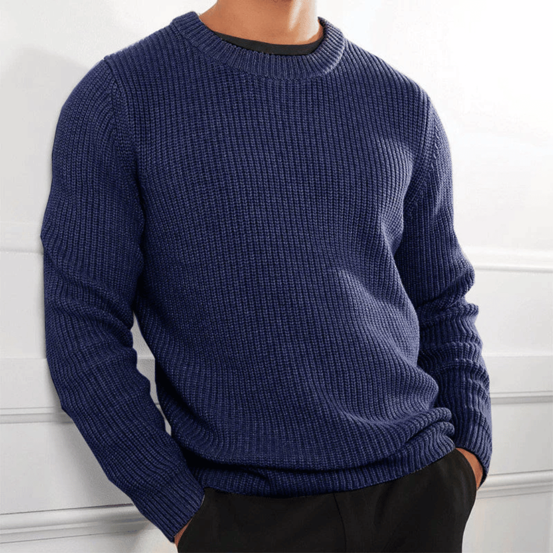 Men's ribbed crew neck jumper in fisherman knit, front view