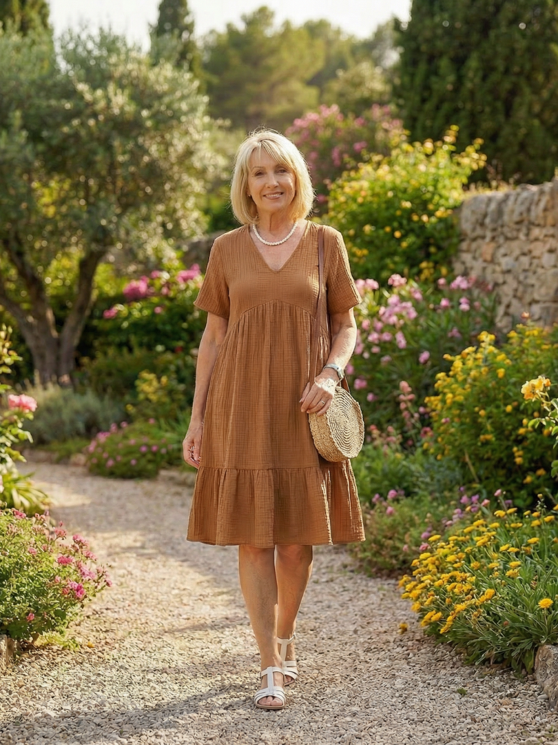 Women's Woven Knee-Length Dress with Gathered Skirt – Saint Dor UK – front view