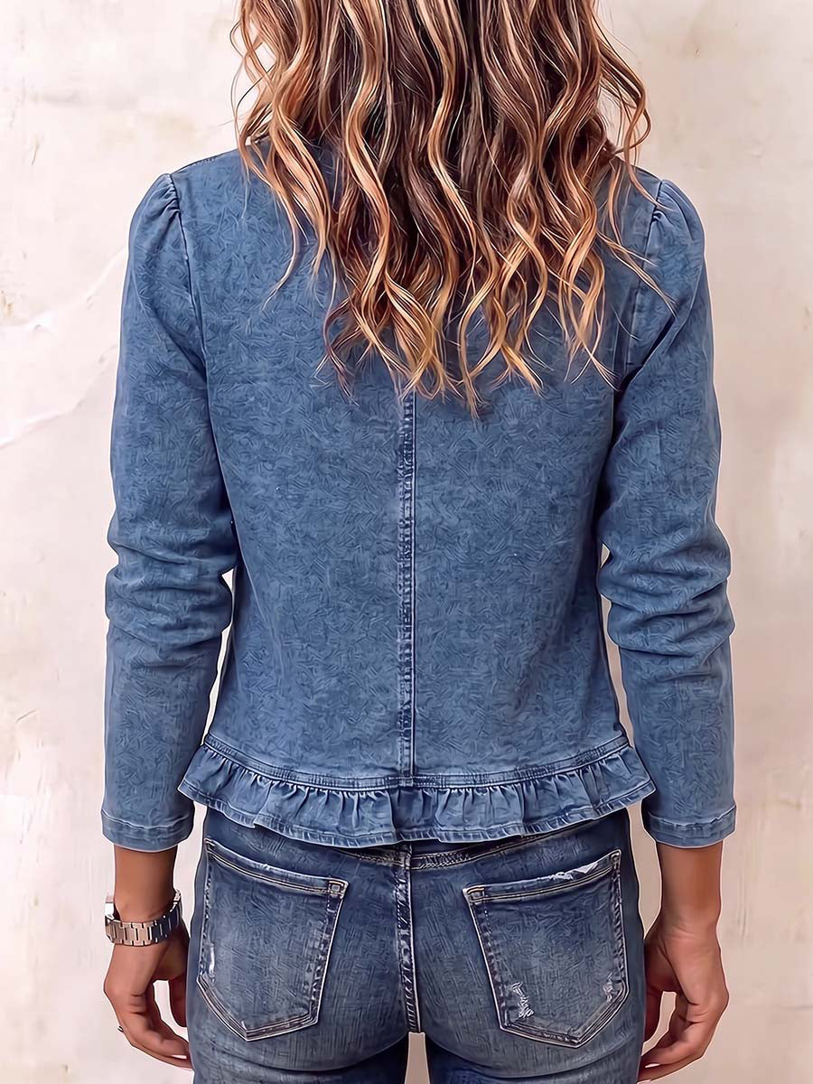 Collarless denim jacket with a ruffled hem and open front
