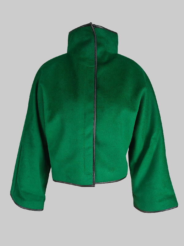 Cropped cape jacket with a high stand collar and contrast edging