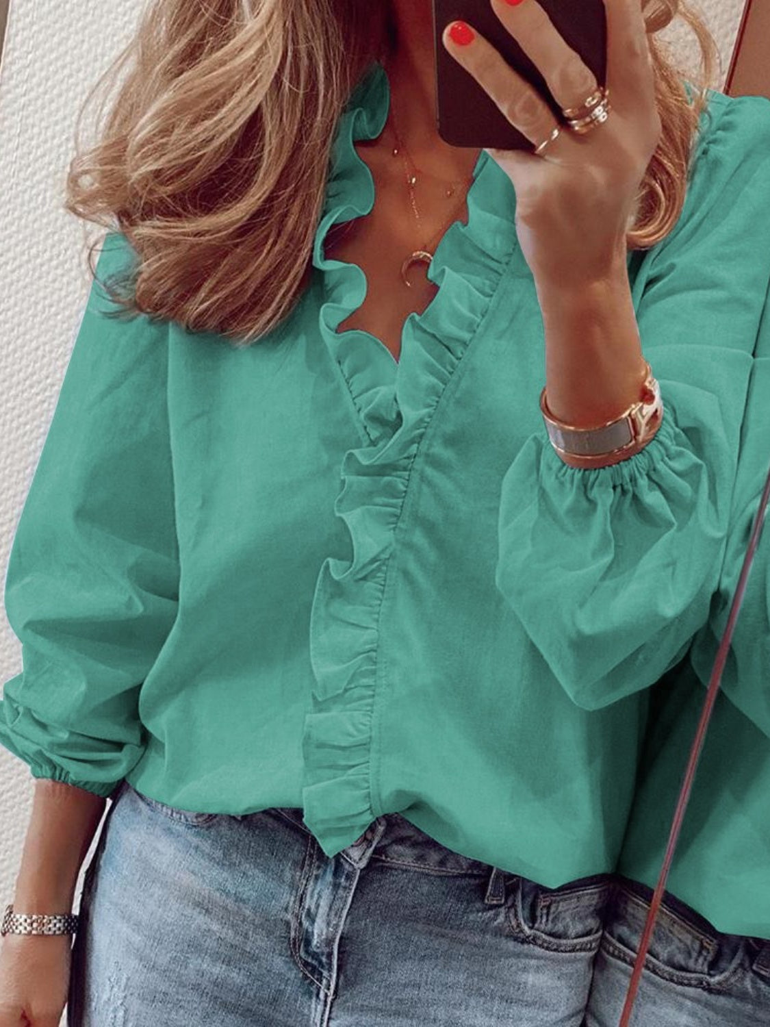 Women's ruffled V-neck blouse in Teal
