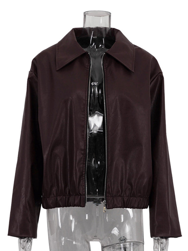 Chocolate brown faux leather jacket with a wide lapel collar and zip