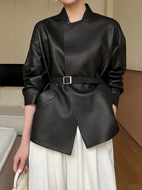 Black faux leather jacket with a stand collar and buckled belt