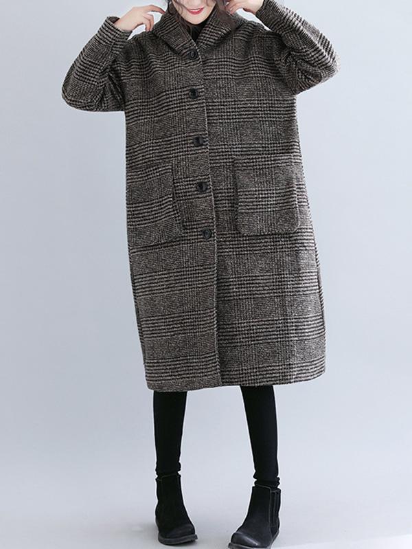 Hooded longline coat in a fine check with two patch pockets