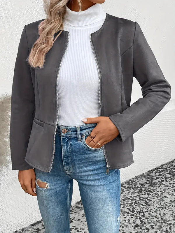 Collarless suede-look jacket with a zip front and welt pockets in deep grey
