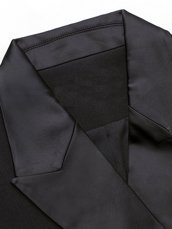 Black longline blazer with wide lace sleeves flaring from the elbow