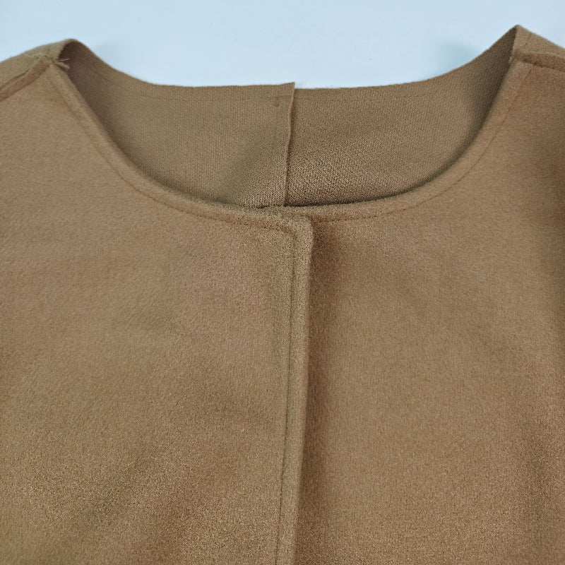Collarless longline coat with dropped sleeves and an open front