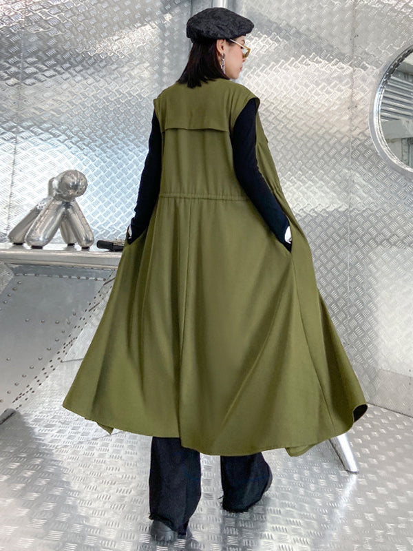 Long sleeveless gilet with a drawstring waist and an open front