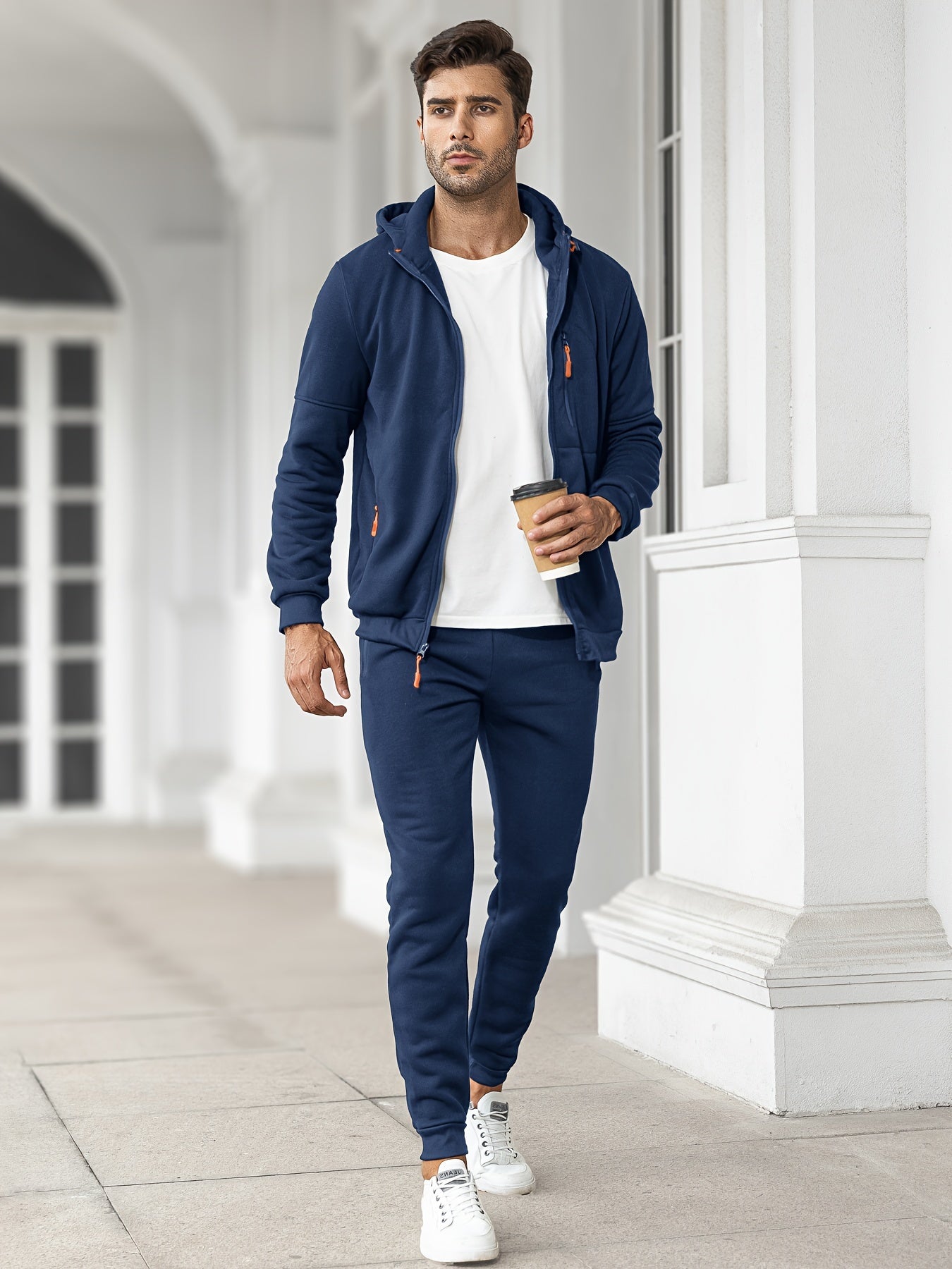 Men's Warm Winter Tracksuit - Fleece-Lined Hooded Co-Ord Set in Grey — close-up