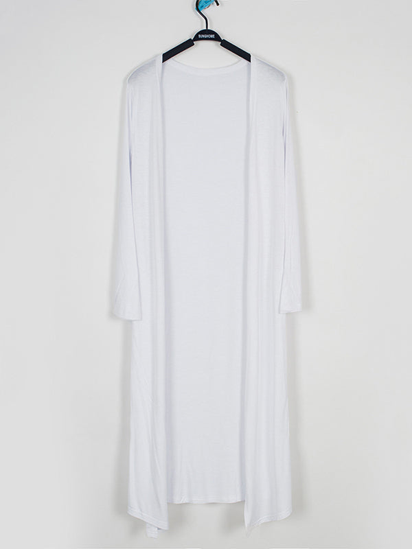 Light longline cardigan hanging open with dropped shoulders in white