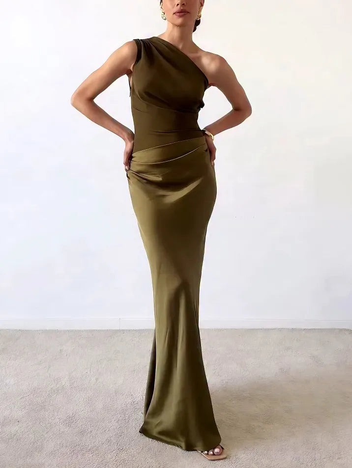 Women's Dress - Elegant One Shoulder Neck Pleated Party M in Brown