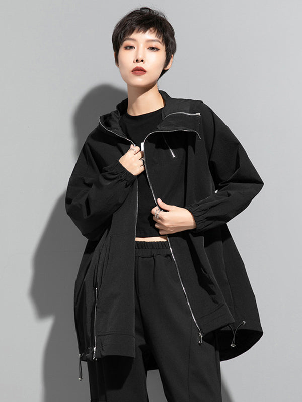 Oversized black hooded jacket with an off-centre zip and drawstring hem