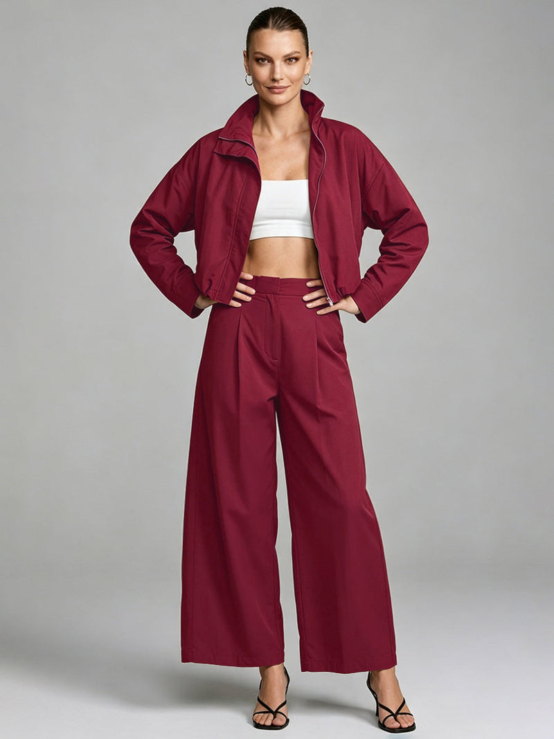 Cropped jacket with a stand collar, zip front and wide sleeves