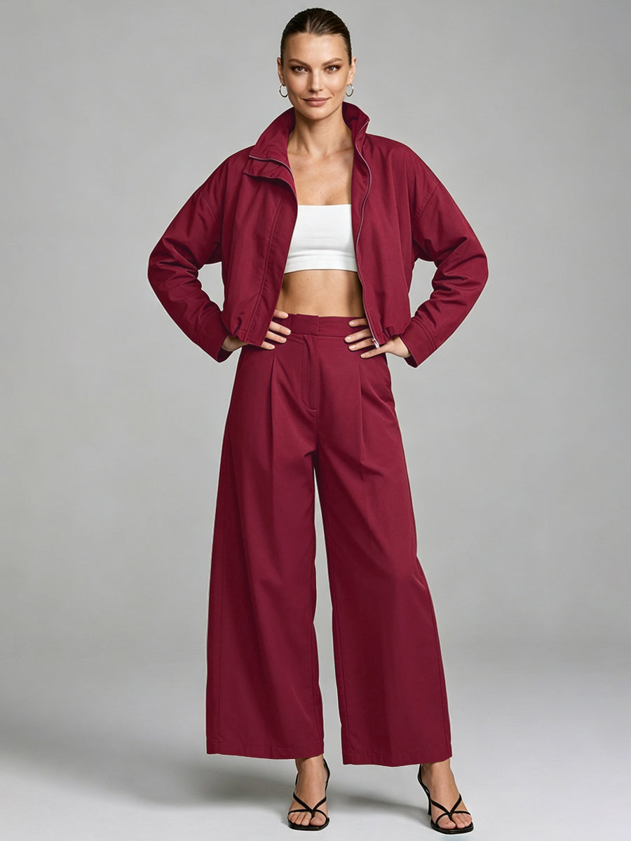 Cropped jacket with a stand collar, zip front and wide sleeves