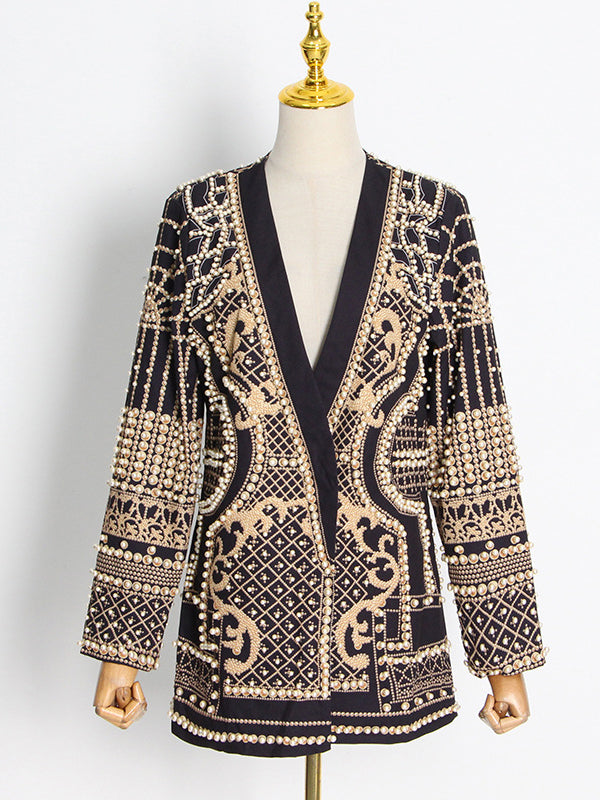 Beaded blazer with an ornamental pattern and a deep V-neck