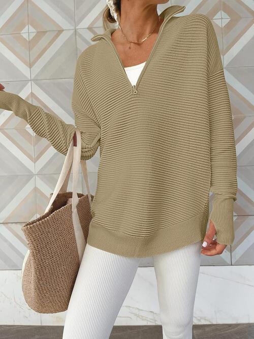 Women's half zip ribbed knit jumper - detail
