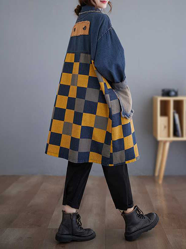 Longline denim jacket with a yellow and navy checkerboard panel