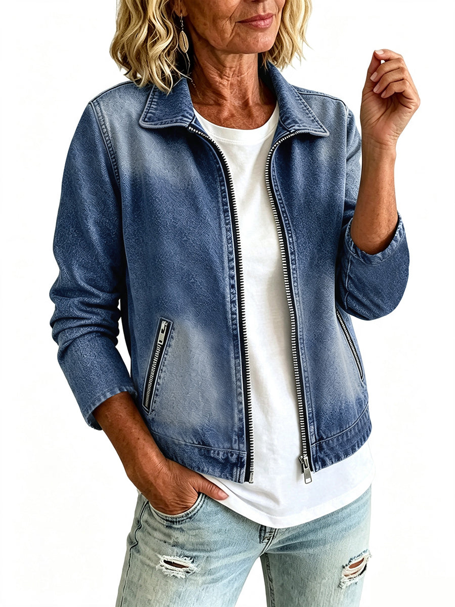 Denim jacket with a zip front and slanted zip pockets